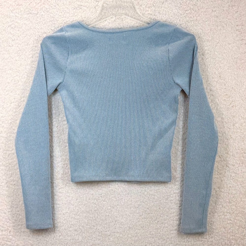 Hollister Ribbed Knit Crop Top Long Sleeve Women M Green Scoop Neck Slim Fit Y2K - Picture 2 of 10